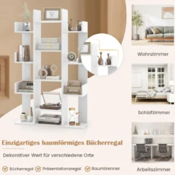 Bücherregal im Baumform Regal mit 13 offenen Fächern 86 x 24,5 x 141 cm Weiß/Braun