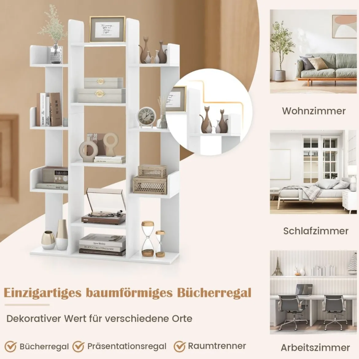 Bücherregal im Baumform Regal mit 13 offenen Fächern 86 x 24,5 x 141 cm Weiß/Braun