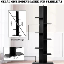 Bücherregal in Baumform mit 8 Ablagen Freistehendes Standregal Büroregal 50 x 20 x 141 cm