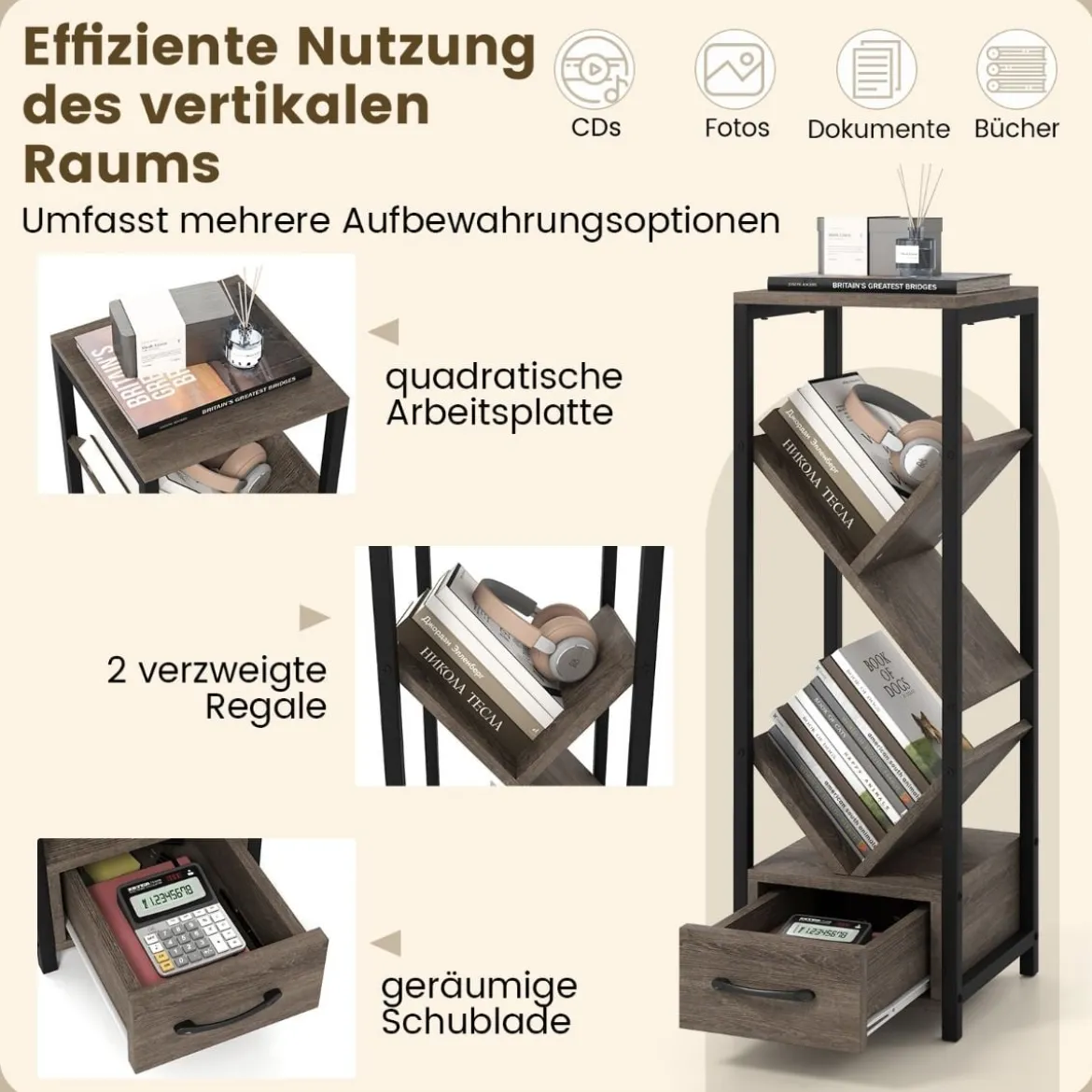 Bücherregal in Baumform mit Schublade & Metallrahmen 4 Ebenen Standregal Büroregal
