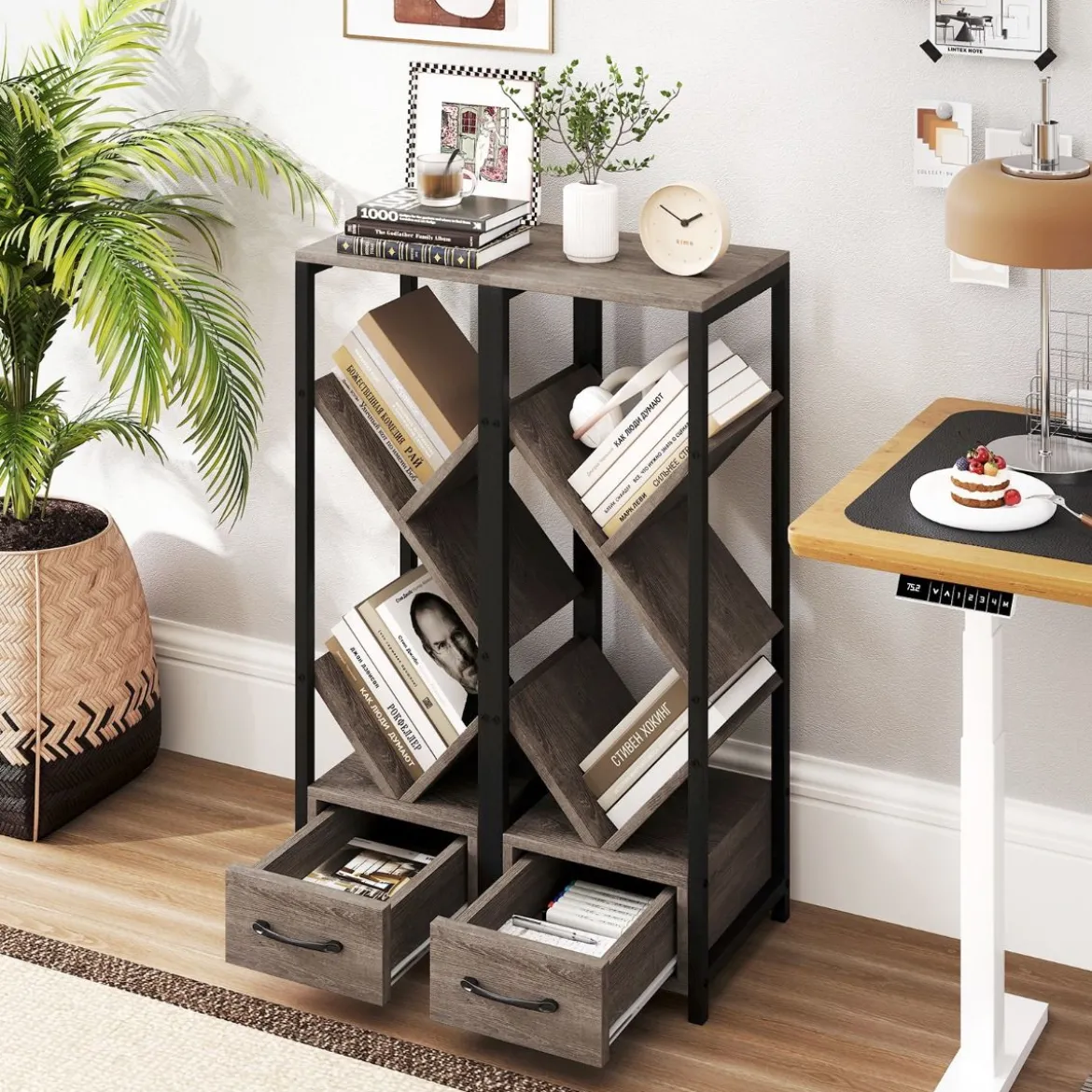 Bücherregal in Baumform mit Schublade & Metallrahmen 4 Ebenen Standregal Büroregal