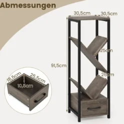 Bücherregal in Baumform mit Schublade & Metallrahmen 4 Ebenen Standregal Büroregal