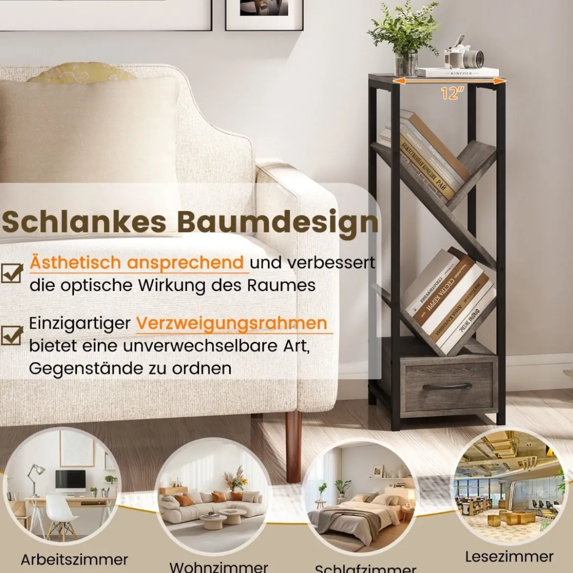 Bücherregal in Baumform mit Schublade & Metallrahmen 4 Ebenen Standregal Büroregal