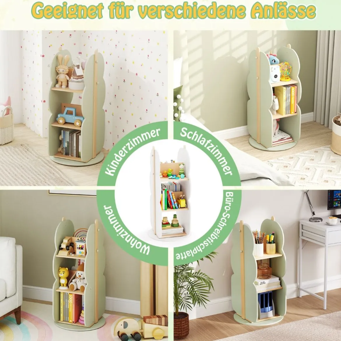 Bücherregal Kinder drehbares Kinderregal mit 3 Ebenen & 5 offene Fächern 30 x 30 x 90 cm Grün