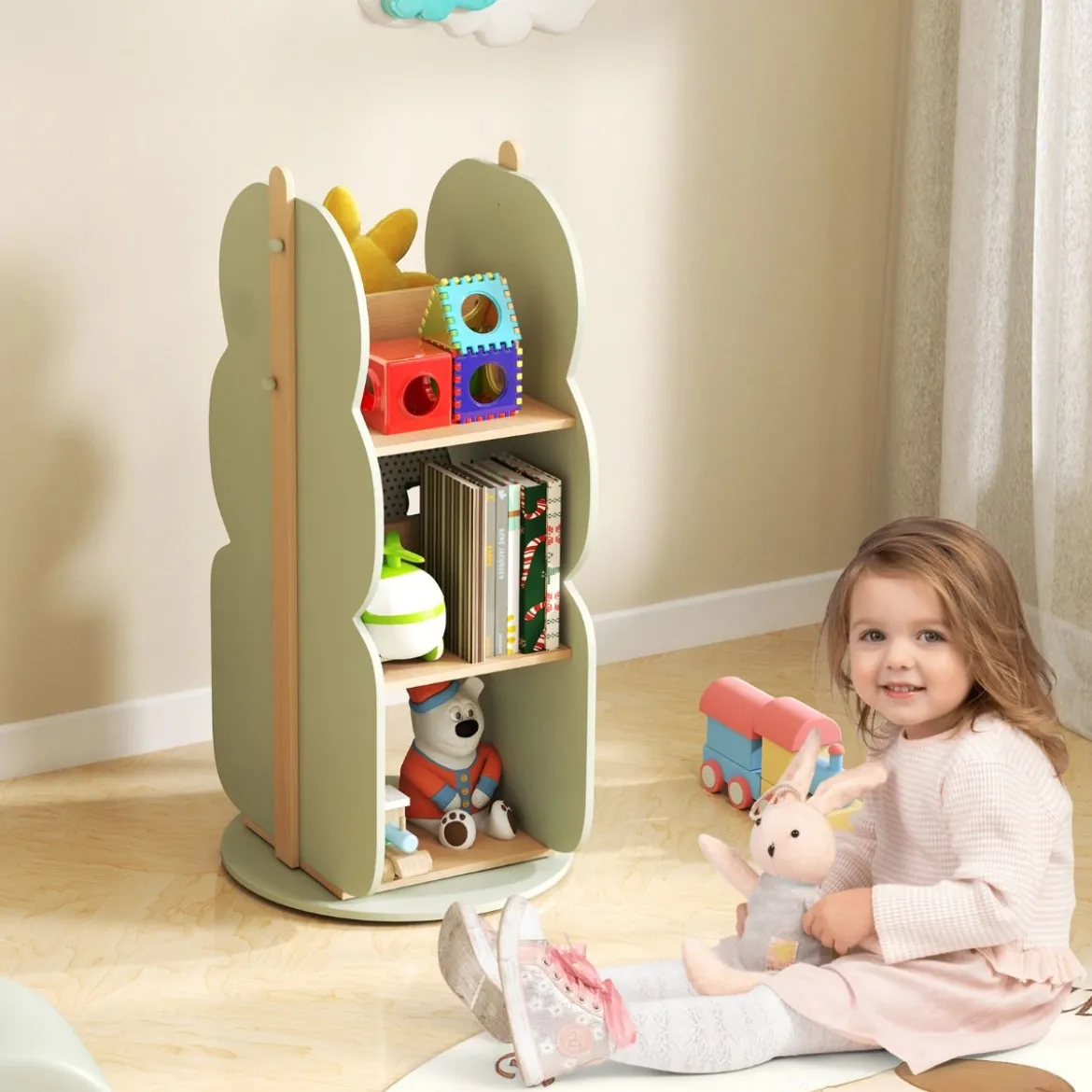 Bücherregal Kinder drehbares Kinderregal mit 3 Ebenen & 5 offene Fächern 30 x 30 x 90 cm Grün