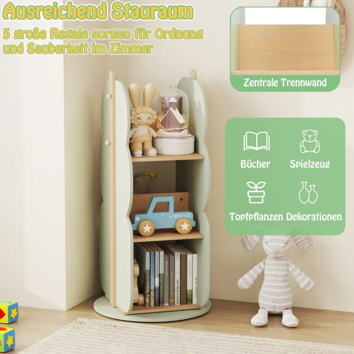Bücherregal Kinder drehbares Kinderregal mit 3 Ebenen & 5 offene Fächern 30 x 30 x 90 cm Grün