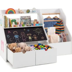 Bücherregal Kinder 2 in 1 Kinderregal mit 5 Kleiderstangen & Tafel 104 x 40 x 70 cm Weiß