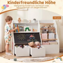Bücherregal Kinder 2 in 1 Kinderregal mit 5 Kleiderstangen & Tafel 104 x 40 x 70 cm Weiß