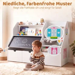 Bücherregal Kinder 2 in 1 Kinderregal mit 5 Kleiderstangen & Tafel 104 x 40 x 70 cm Weiß