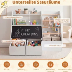 Bücherregal Kinder 2 in 1 Kinderregal mit 5 Kleiderstangen & Tafel 104 x 40 x 70 cm Weiß