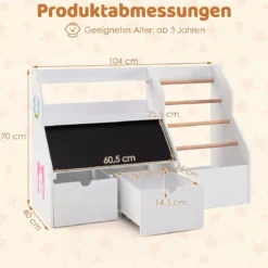 Bücherregal Kinder 2 in 1 Kinderregal mit 5 Kleiderstangen & Tafel 104 x 40 x 70 cm Weiß