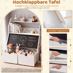 Bücherregal Kinder 2 in 1 Kinderregal mit 5 Kleiderstangen & Tafel 104 x 40 x 70 cm Weiß