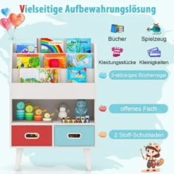 Bücherregal Kinder Kinderregal mit 3 Ablagen & offenem Fach & 2 Stoffschubladen Grau/Weiß