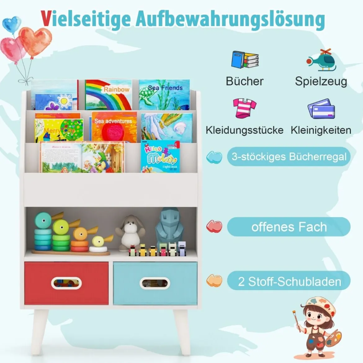 Bücherregal Kinder Kinderregal mit 3 Ablagen & offenem Fach & 2 Stoffschubladen Grau/Weiß
