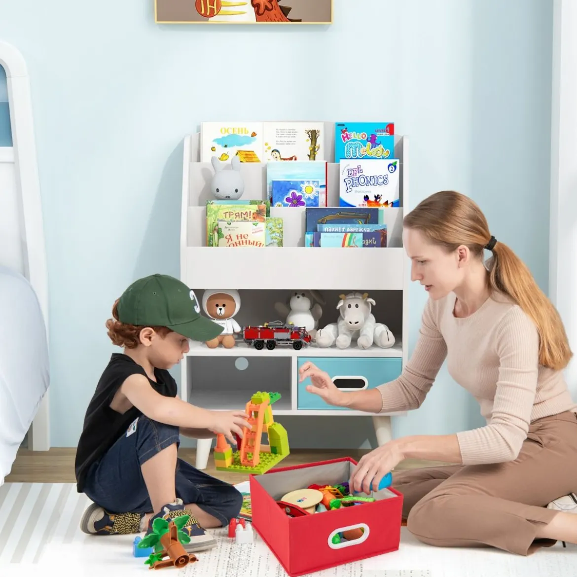 Bücherregal Kinder Kinderregal mit 3 Ablagen & offenem Fach & 2 Stoffschubladen Grau/Weiß