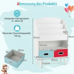 Bücherregal Kinder Kinderregal mit 3 Ablagen & offenem Fach & 2 Stoffschubladen Grau/Weiß