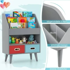 Bücherregal Kinder Kinderregal mit 3 Ablagen & offenem Fach & 2 Stoffschubladen Grau/Weiß