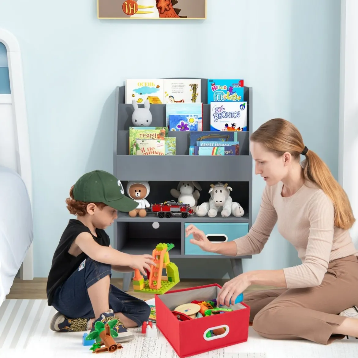 Bücherregal Kinder Kinderregal mit 3 Ablagen & offenem Fach & 2 Stoffschubladen Grau/Weiß