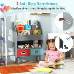Bücherregal Kinder Kinderregal mit 3 Ablagen & offenem Fach & 2 Stoffschubladen Grau/Weiß