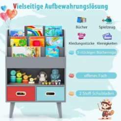 Bücherregal Kinder Kinderregal mit 3 Ablagen & offenem Fach & 2 Stoffschubladen Grau/Weiß