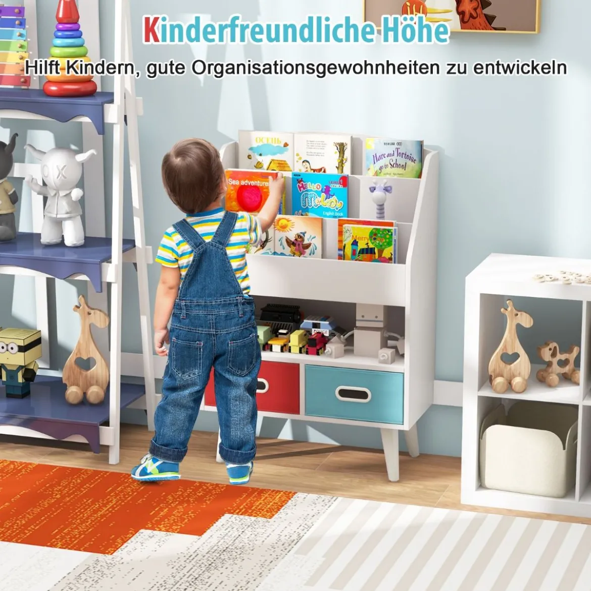 Bücherregal Kinder Kinderregal mit 3 Ablagen & offenem Fach & 2 Stoffschubladen Grau/Weiß