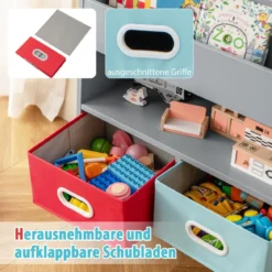 Bücherregal Kinder Kinderregal mit 3 Ablagen & offenem Fach & 2 Stoffschubladen Grau/Weiß