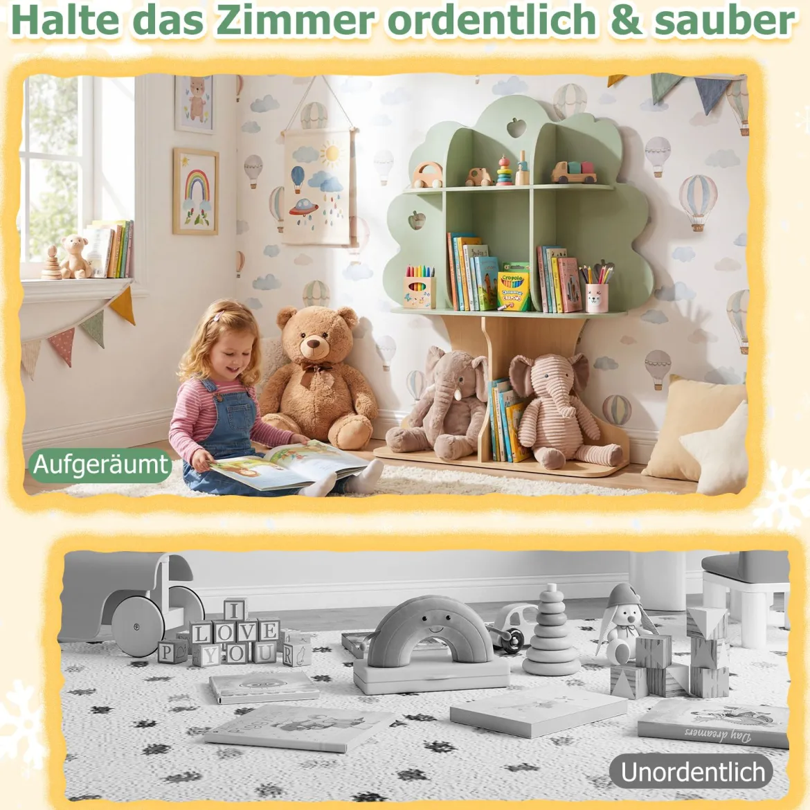 Bücherregal Kinder Kinderregal mit 8 Offenen Fächern Spielzeugregal in Baumform mit Apfelmotiv