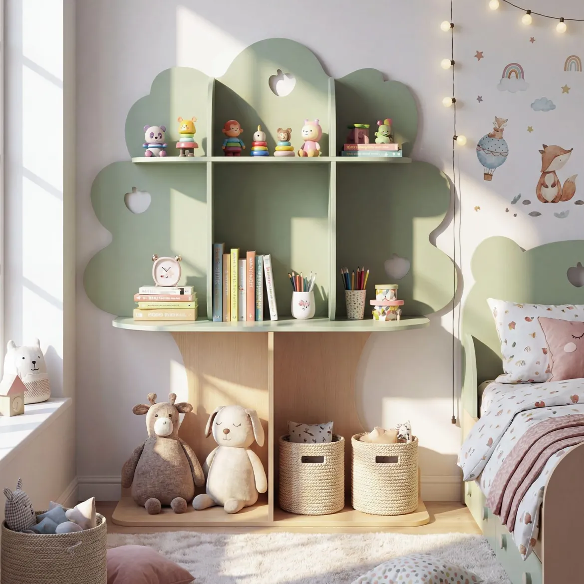 Bücherregal Kinder Kinderregal mit 8 Offenen Fächern Spielzeugregal in Baumform mit Apfelmotiv