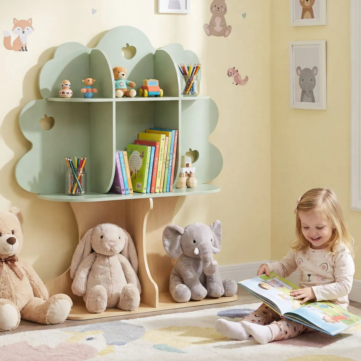 Bücherregal Kinder Kinderregal mit 8 Offenen Fächern Spielzeugregal in Baumform mit Apfelmotiv
