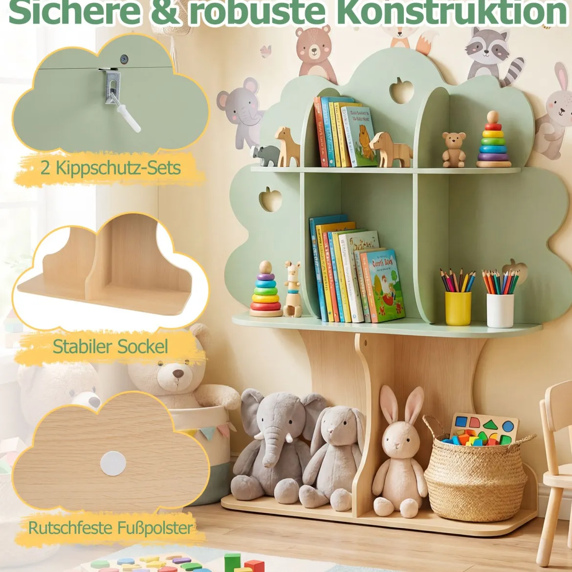 Bücherregal Kinder Kinderregal mit 8 Offenen Fächern Spielzeugregal in Baumform mit Apfelmotiv