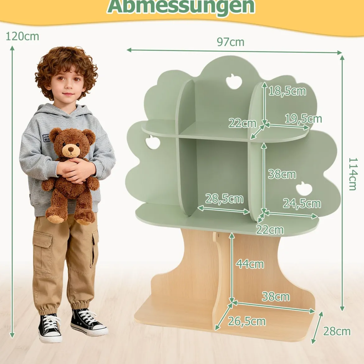 Bücherregal Kinder Kinderregal mit 8 Offenen Fächern Spielzeugregal in Baumform mit Apfelmotiv