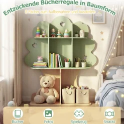 Bücherregal Kinder Kinderregal mit 8 Offenen Fächern Spielzeugregal in Baumform mit Apfelmotiv