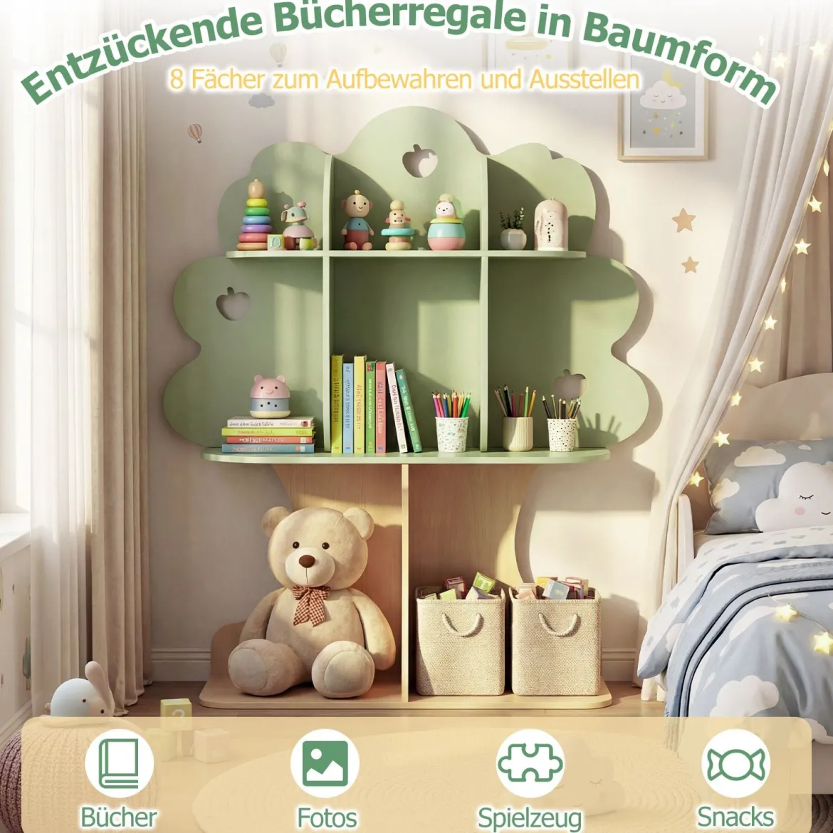 Bücherregal Kinder Kinderregal mit 8 Offenen Fächern Spielzeugregal in Baumform mit Apfelmotiv