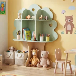 Bücherregal Kinder Kinderregal mit 8 Offenen Fächern Spielzeugregal in Baumform mit Apfelmotiv