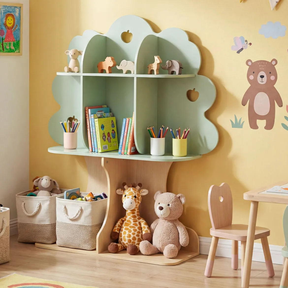 Bücherregal Kinder Kinderregal mit 8 Offenen Fächern Spielzeugregal in Baumform mit Apfelmotiv