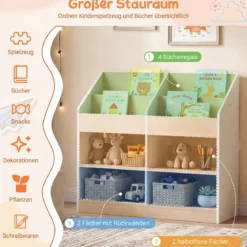 Bücherregal Kinder Kleinkind-Spielzeugregal mit 4 aufrechten Würfeln & 4 Aufbewahrungsfächern Weiß