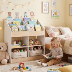 Bücherregal Kinder Kleinkind-Spielzeugregal mit 4 aufrechten Würfeln & 4 Aufbewahrungsfächern Weiß