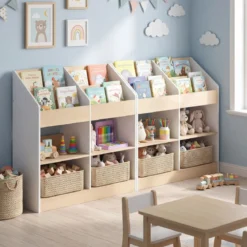 Bücherregal Kinder Kleinkind-Spielzeugregal mit 4 aufrechten Würfeln & 4 Aufbewahrungsfächern Weiß