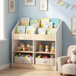 Bücherregal Kinder Kleinkind-Spielzeugregal mit 4 aufrechten Würfeln & 4 Aufbewahrungsfächern Weiß