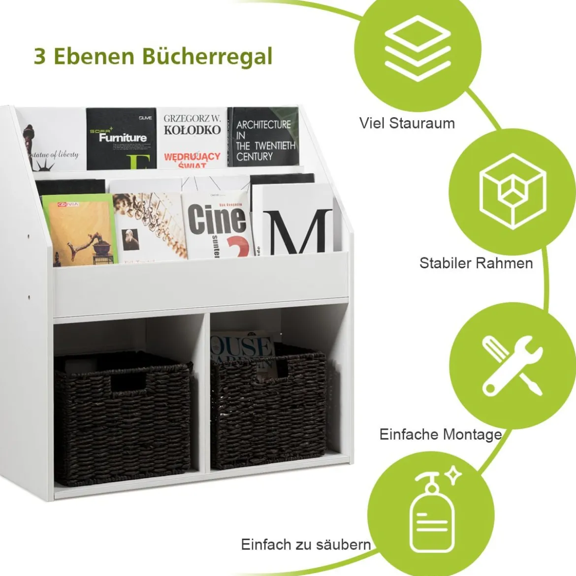 Bücherregal Kinderregal Spielzeugkiste mit 3 Fächern Weiß Holz 73 x 30 x 80 cm