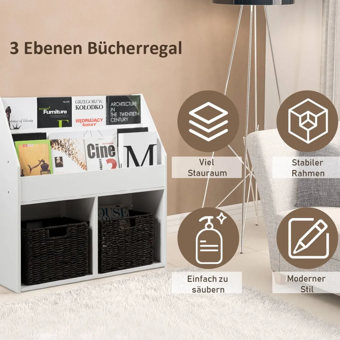 Bücherregal Kinderregal Spielzeugkiste mit 3 Fächern Weiß Holz 73 x 30 x 80 cm