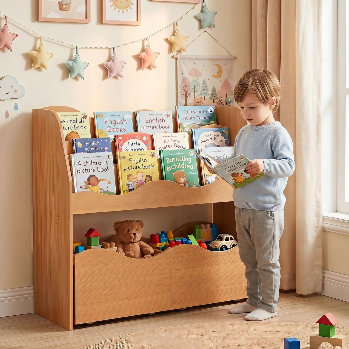 Bücherregal Kinder Spielzeugregal mit 3 Wellenförmigen Ebenen & Abnehmbaren Schubladen Natur