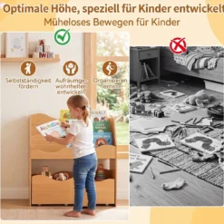 Bücherregal Kinder Spielzeugregal mit 3 Wellenförmigen Ebenen & Abnehmbaren Schubladen Natur