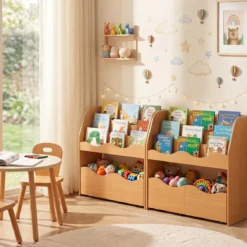 Bücherregal Kinder Spielzeugregal mit 3 Wellenförmigen Ebenen & Abnehmbaren Schubladen Natur