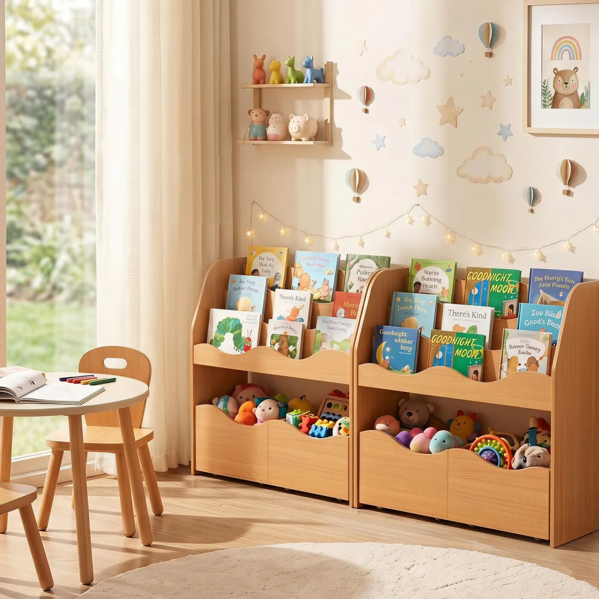 Bücherregal Kinder Spielzeugregal mit 3 Wellenförmigen Ebenen & Abnehmbaren Schubladen Natur