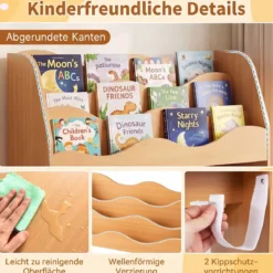 Bücherregal Kinder Spielzeugregal mit 3 Wellenförmigen Ebenen & Abnehmbaren Schubladen Natur