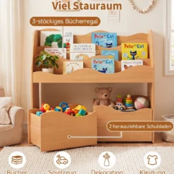 Bücherregal Kinder Spielzeugregal mit 3 Wellenförmigen Ebenen & Abnehmbaren Schubladen Natur