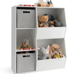 Bücherregal Kinder 3-stöckiges Kinderregal mit 2 Boxen & 5 Fächern 77 x 29 x 94 cm Weiß+Grau