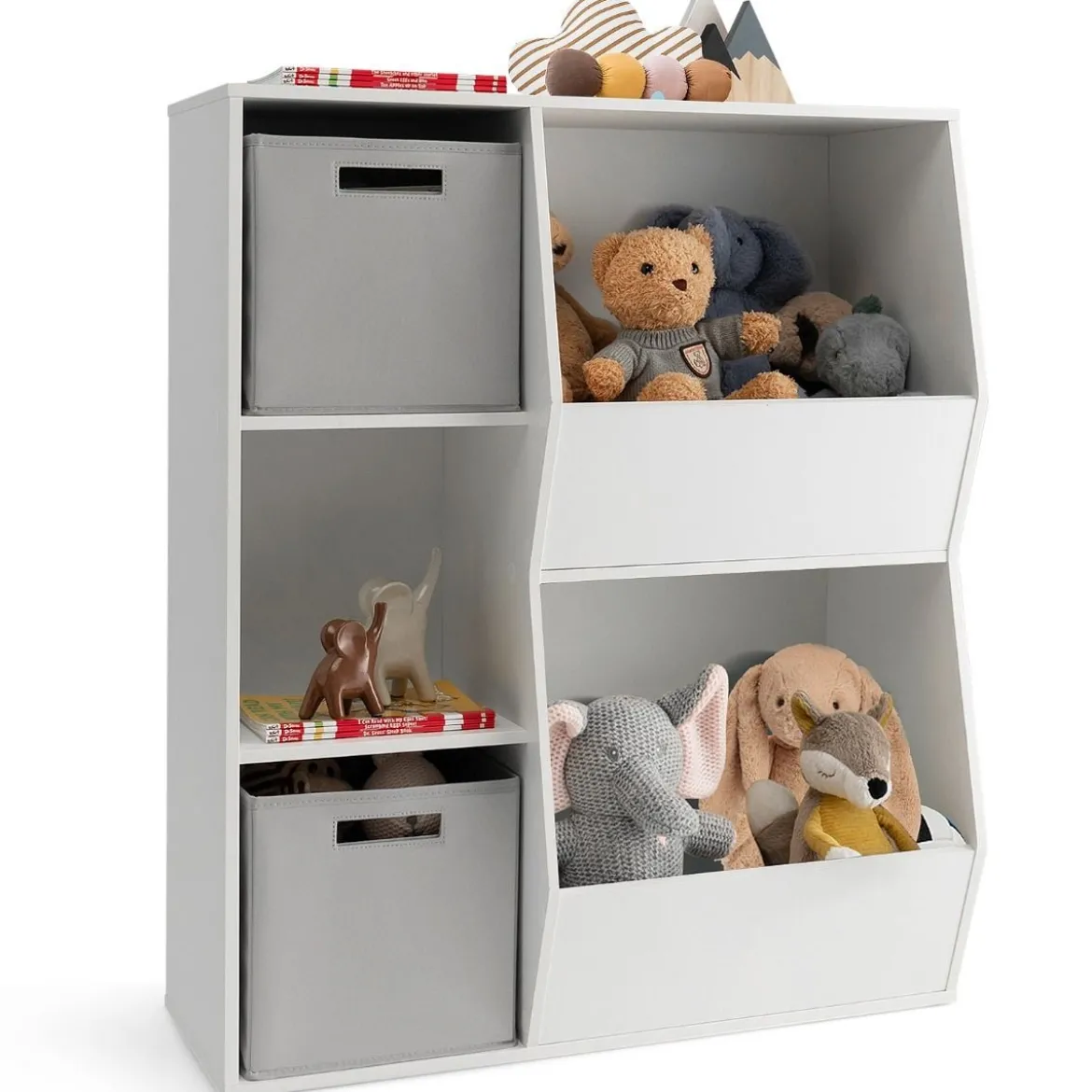 Bücherregal Kinder 3-stöckiges Kinderregal mit 2 Boxen & 5 Fächern 77 x 29 x 94 cm Weiß+Grau