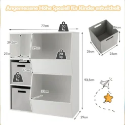 Bücherregal Kinder 3-stöckiges Kinderregal mit 2 Boxen & 5 Fächern 77 x 29 x 94 cm Weiß+Grau